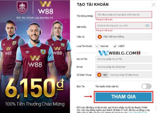 Giao diện điền thông tin khi đăng ký W88