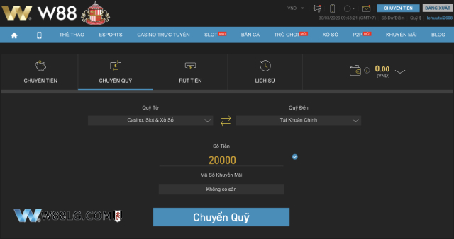 Giao diện chuyển quỹ khi rút tiền FUN88 dễ thao tác
