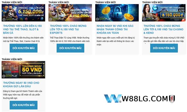 Khuyến mãi W88 chào mừng 100% lên đến 6.150.000 VND