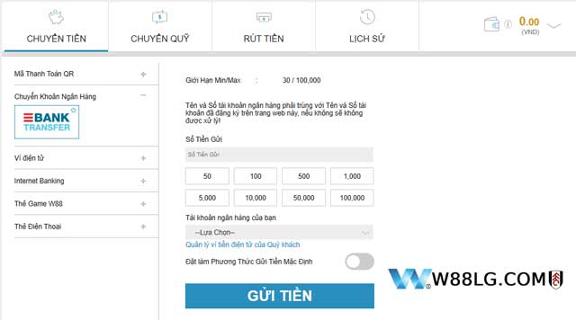 Nạp tiền W88 bằng chuyển khoản ngân hàng dễ hiểu