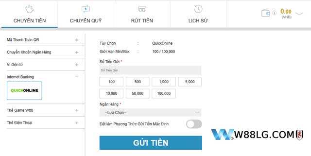 Nạp tiền W88 bằng Internet Banking – Chọn ngân hàng trực tiếp