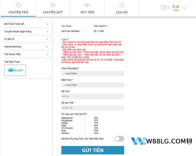 Nạp tiền W88 bằng thẻ điện thoại – tiện nhưng phí cao