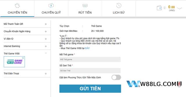 Nạp tiền W88 bằng thẻ game khi không có ngân hàng